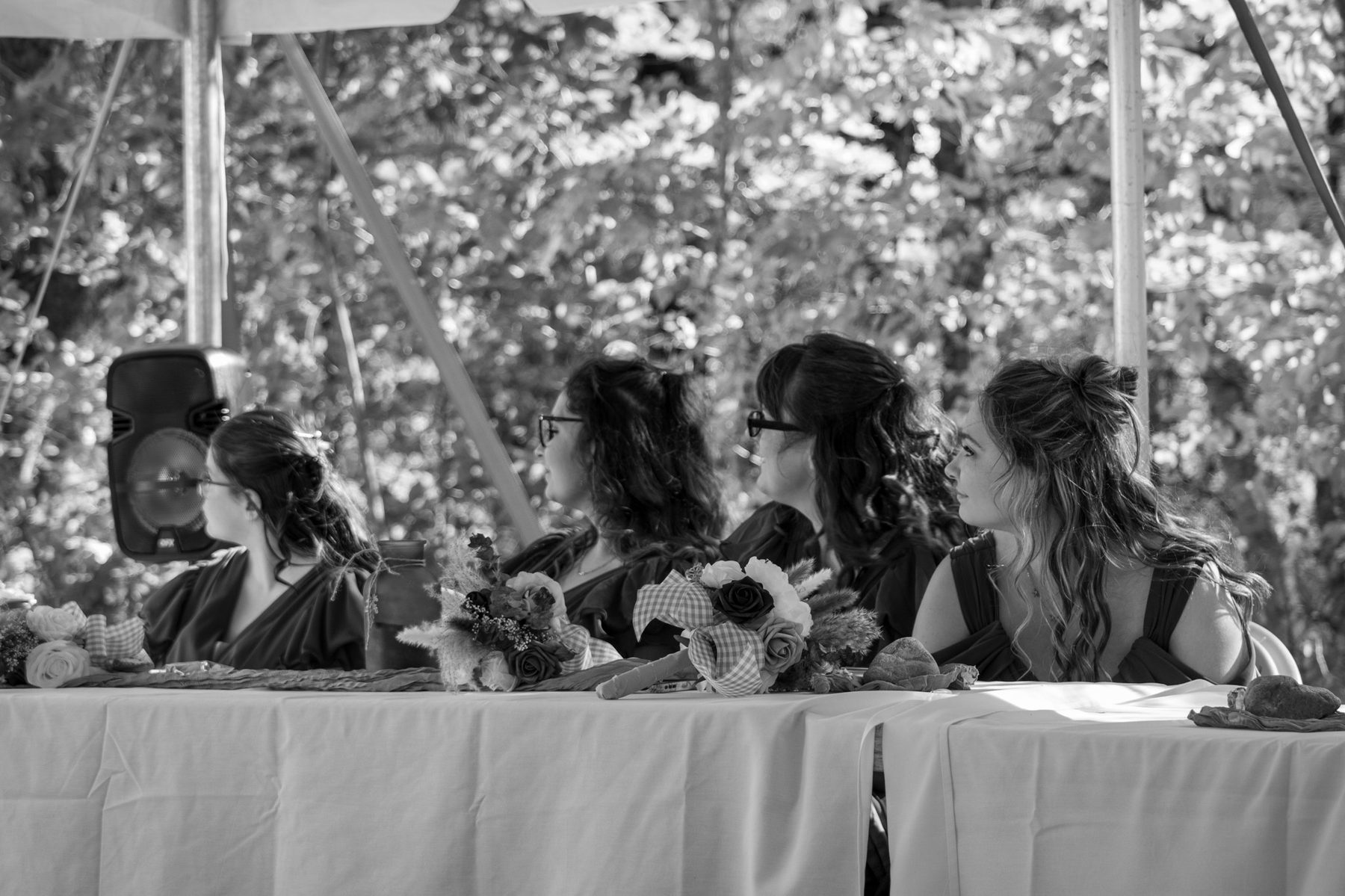 Bridesmaids seated together, black and white